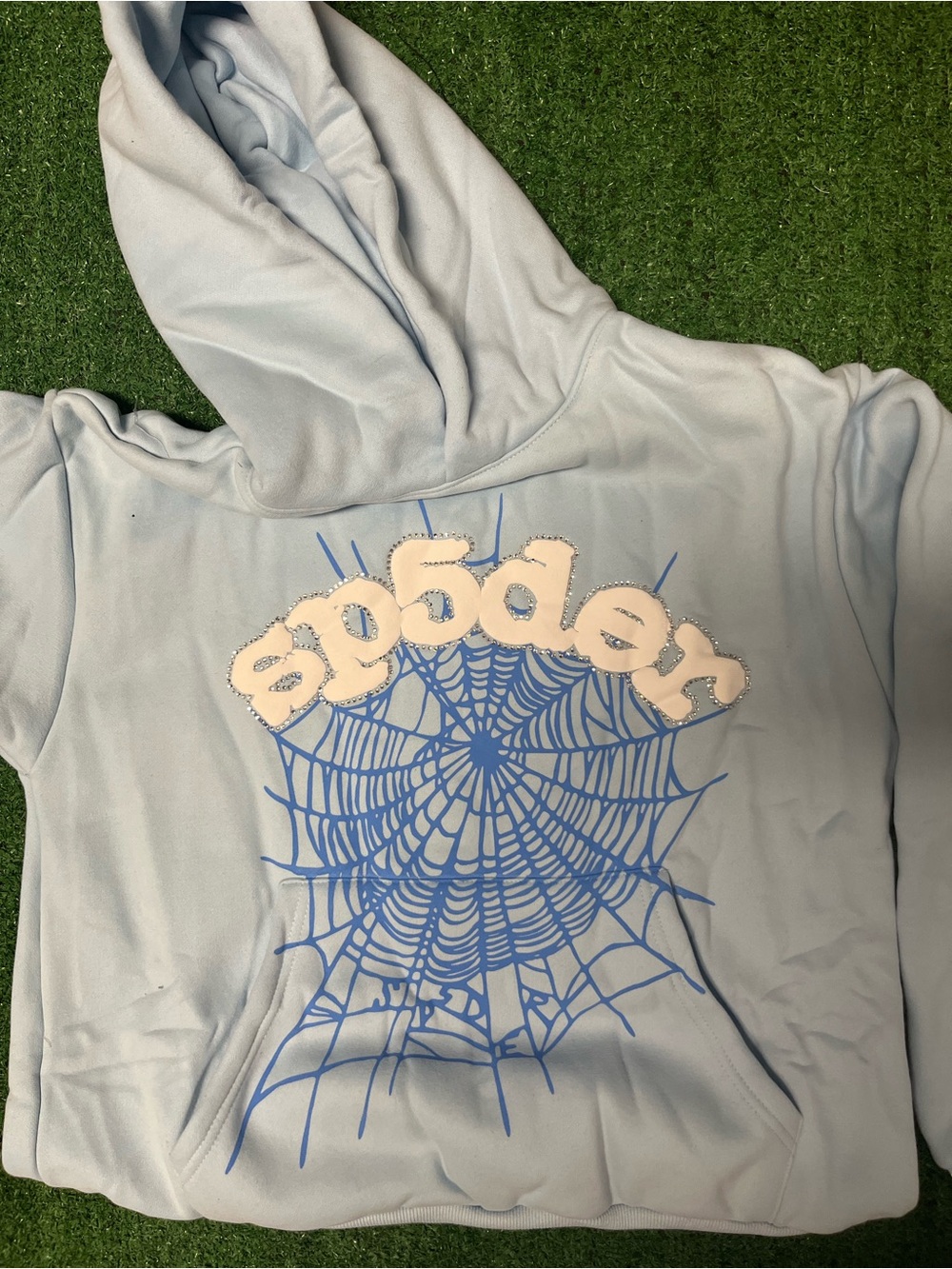 Light Blue Spider Web Graphic Hoodie with Cream Lettering